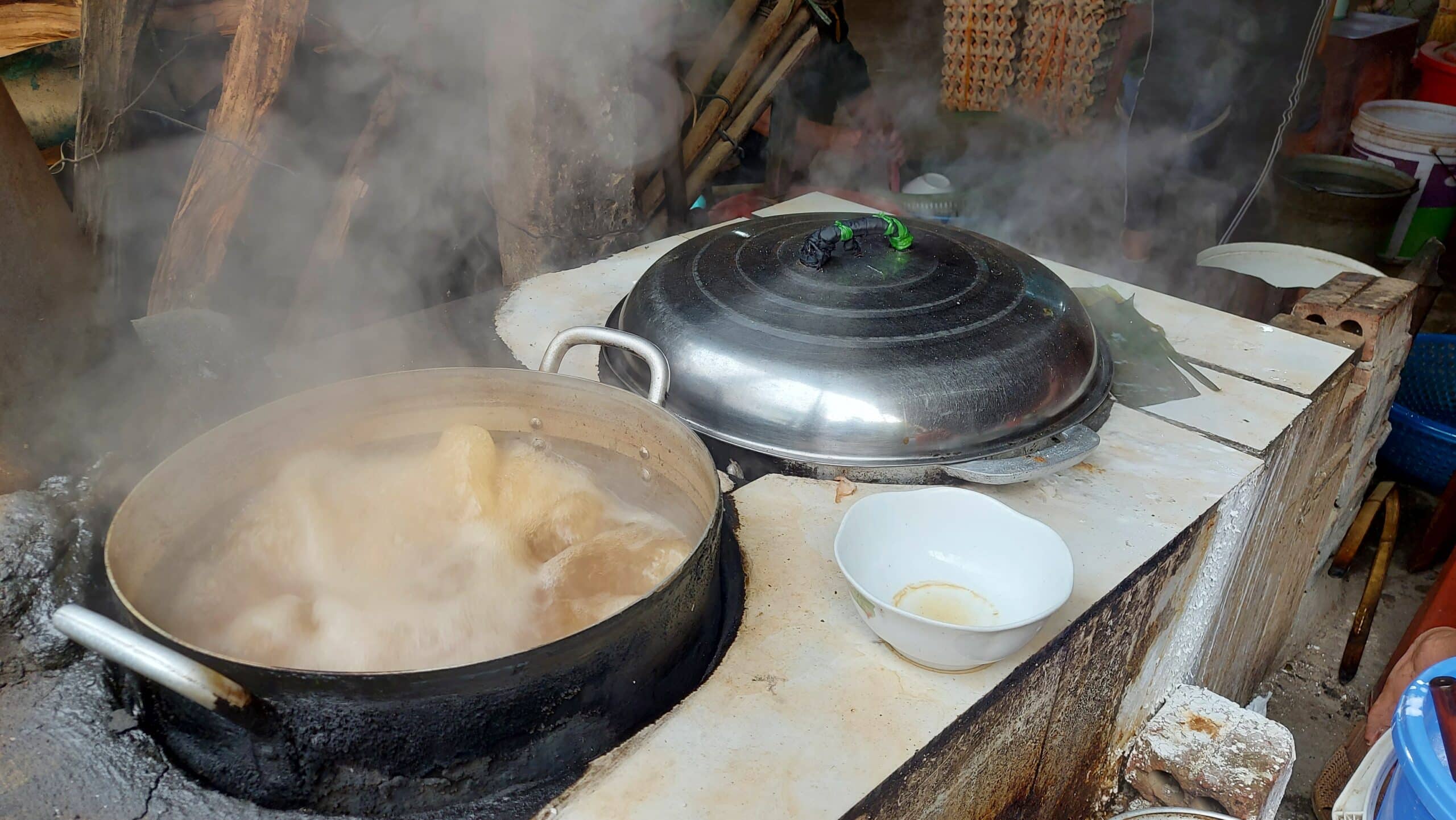 hot broth ready for noodle soup pho in bao lac market ha giang