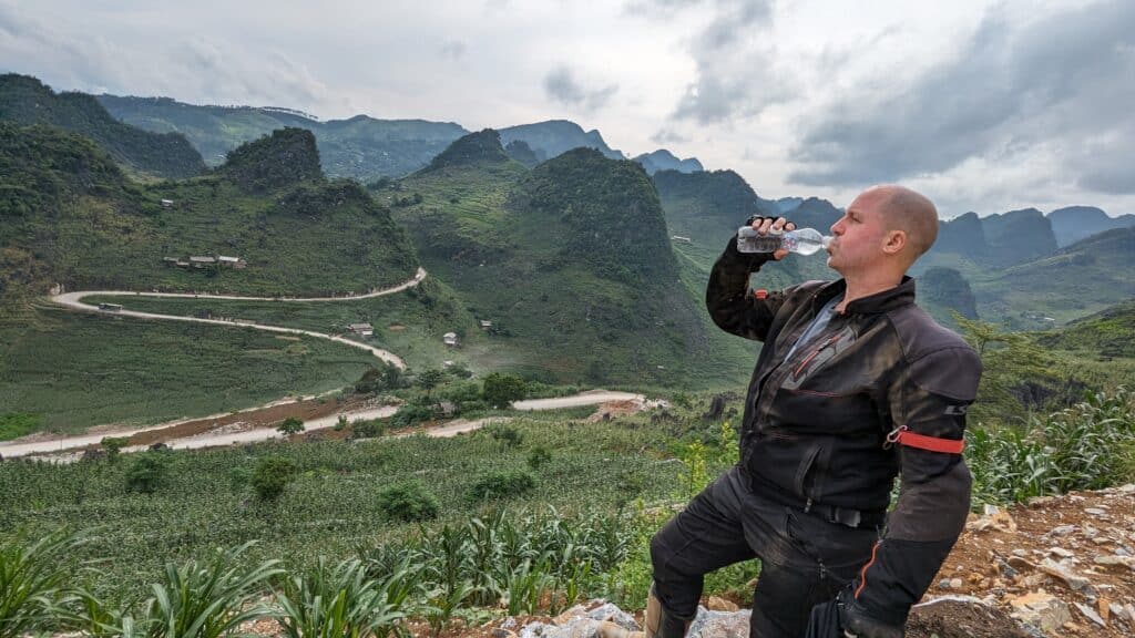 stopping for a drink at the M curve in ha giang