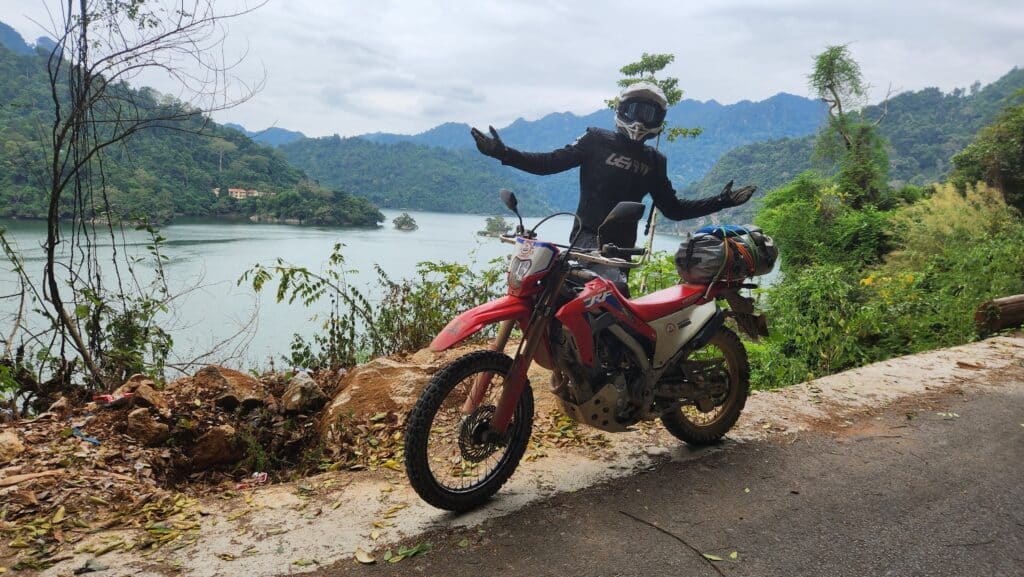 Admiring the view of Ba Be Lake with the CRF300L