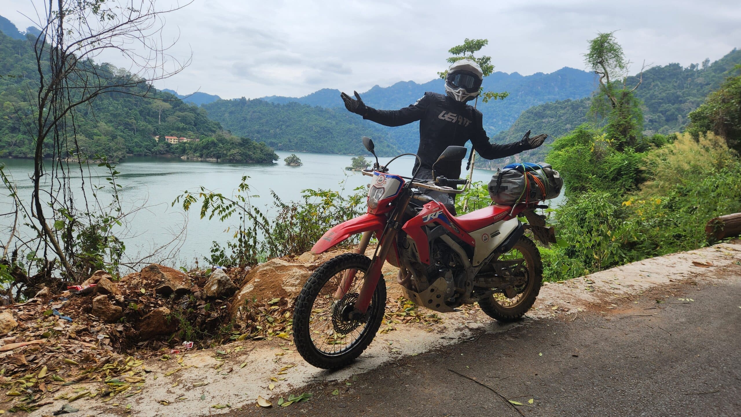Admiring the view of Ba Be Lake with the CRF300L